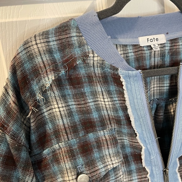 Fate Plaid Chambray 90s grunge zip oversized distressed shacket shirt flannel - Picture 3 of 8